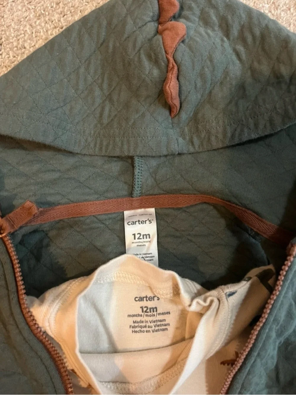 Carter's Green Hooded Vest with Cream Dino Top and Brown Striped Pants